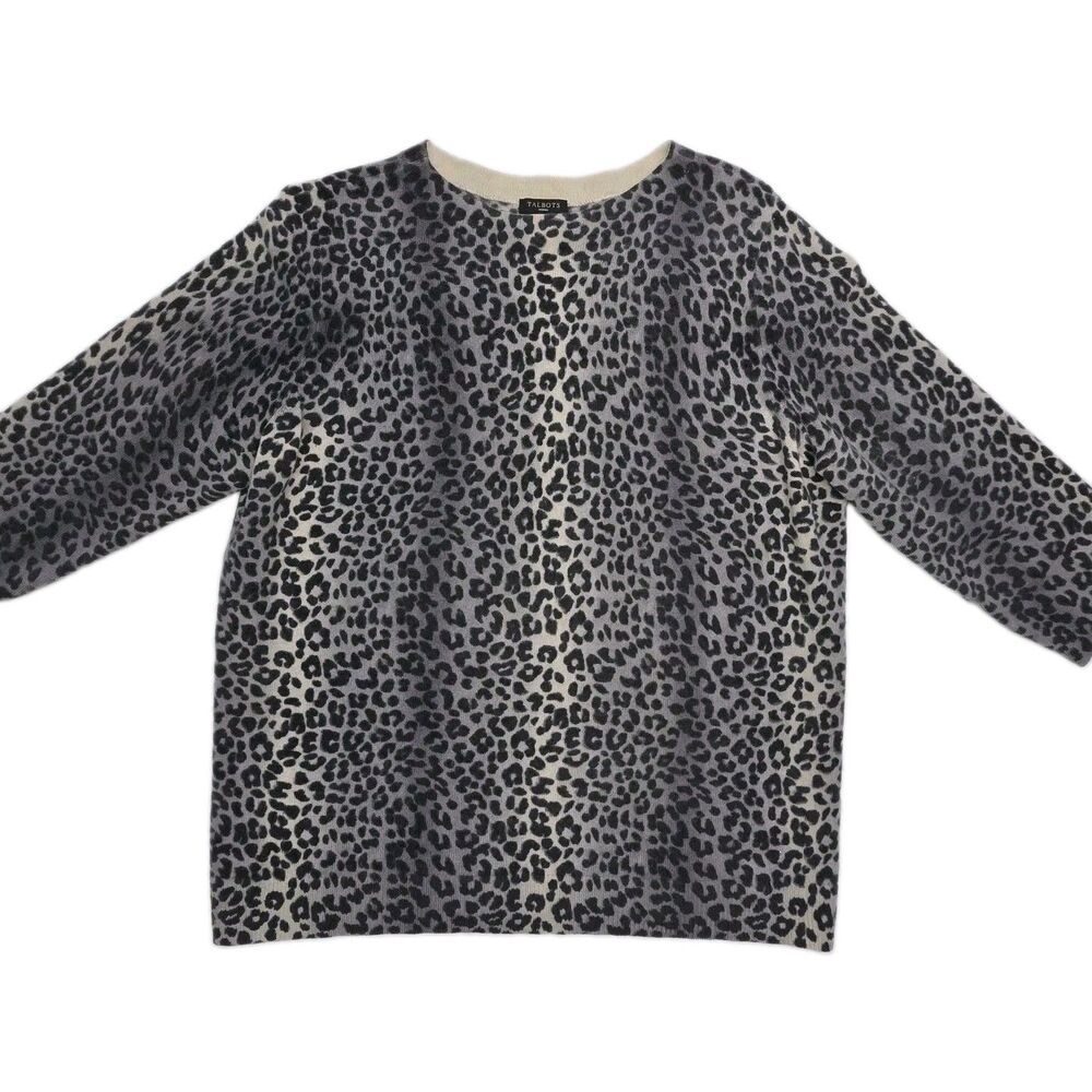 Talbots Sweater 100% Cashmere Leopard Animal Print Women Plus 1X 3/4 Sleeve Top